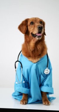 Boynunda steteskopla, mavi bir veteriner kostümü giymiş Golden Retriever köpeği portresi. İnsanlaştırılmış bir köpek veteriner olarak çalışıyor ve kameraya bakıyor. Veterinerler Günü.