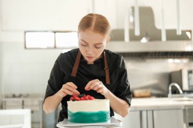Pastayı taze böğürtlenlerle süslemeye odaklanmış kızıl saçlı genç bir pasta şefinin yakın portresi. Profesyonel bir şekerleme dükkanında çalışma süreci. Şekerlemeci.