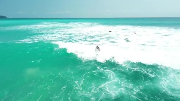 Aerial View Young Sexy Woman White Bikini Surfing Ocean Turquoise — Stock Video