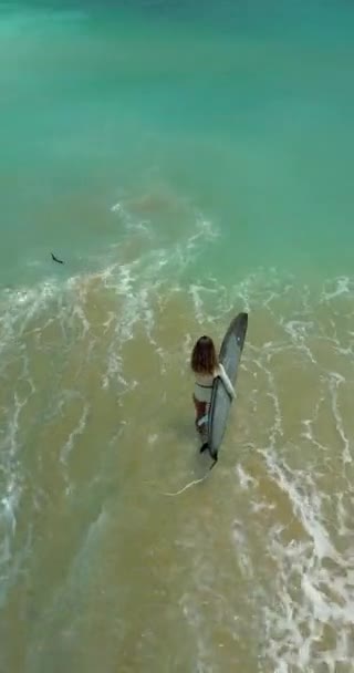 Vertikální Letecké Video Mladé Sexy Ženy Bílých Bikinách Držící Surfovací — Stock video