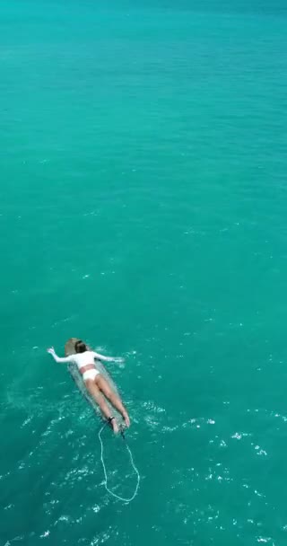 Vertikale Luftaufnahme Einer Sexy Surferin Weißen Bikini Sie Paddelt Mit — Stockvideo