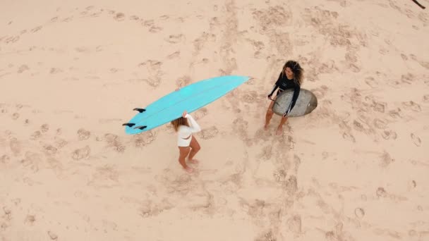 Вид Сверху Двух Девушек Серферов Беседующих Пляже Привлекательная Латиноамериканка Вьющимися — стоковое видео