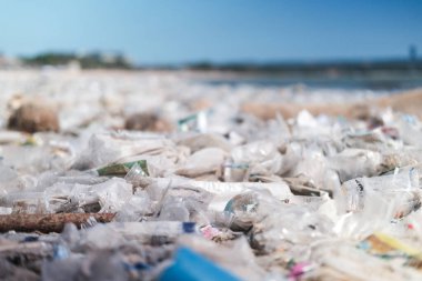 Plastik atıklarla kirlenmiş bir sahile yakın çekim. Küresel çevre felaketi, okyanustan gelen çöplük dağları. Kullanılan kirli plastik şişeler ve diğer kimyasal atıklar.