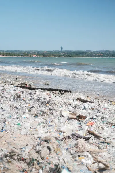 Vertical Sandy Beach Polluted Plastic Waste Global Environmental Disaster Mountains — Stock Photo, Image