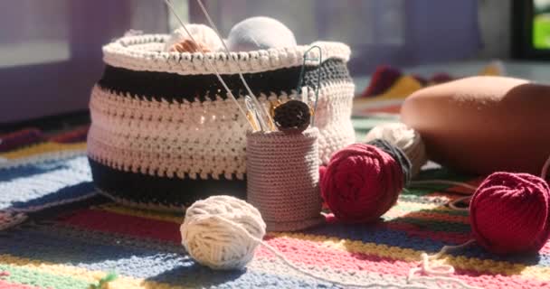 Close Knitted Basket Which Multi Colored Balls Wool Threads Next — Stock Video
