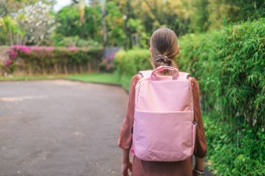 Okulun arka plan afişine dönelim. Pembe sırt çantalı genç bir kızın yeşil ağaçlarla dolu bir parkın içinden geçişi. Yaz tatilinden sonraki ilk gün. Eğitim.