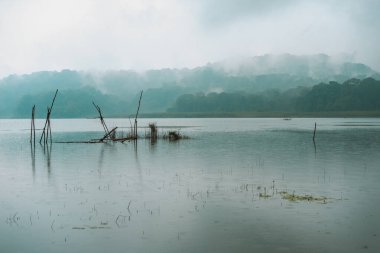 Gün batımında dağlarda bir göl manzarası, her yer sis. Mistik bir atmosfer. Tahta balıkçı tekneleri yakınlarda, ama hiç insan yok. Suyun yakınındaki ağaçlar ve ormanlar.