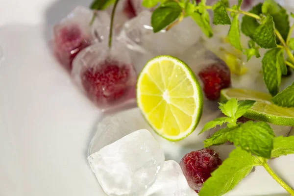 Taze limon dilimi. Soğuk kokteyl malzemeleri. Yakın çekim, seçici odak, kopyalama alanı.