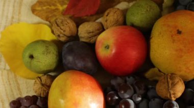 Videoda, elmalar, armutlar, kuru erikler, cevizler ve üzümler gibi çeşitli meyvelerin parlak düşme yapraklarıyla tamamlandığı güzel bir sonbahar hasat sahnesi yer alıyor. Yavaş bir manzara, mevsimin zengin renklerini ve dokularını gözler önüne seriyor..