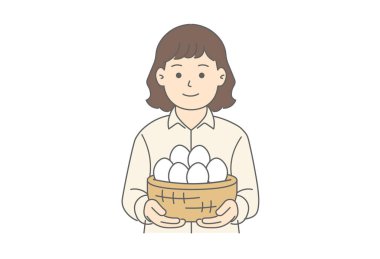 Yumurta Tutan Kadın dergisi. Elinde bir sepet yumurta tutan bir kadının resmi. Gıda eğitimi, organik tarım, protein zengini beslenme ve beslenmeyle ilgili konular için idealdir.. 