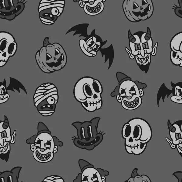 Vintage Horror Dibujos Animados Halloween Monstruos Patrón Sin Costuras Blanco — Vector de stock