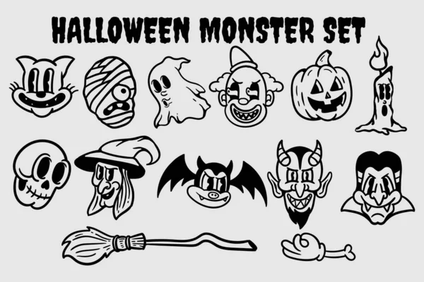 Conjunto Paquete Vintage Dibujos Animados Halloween Monstruos — Vector de stock