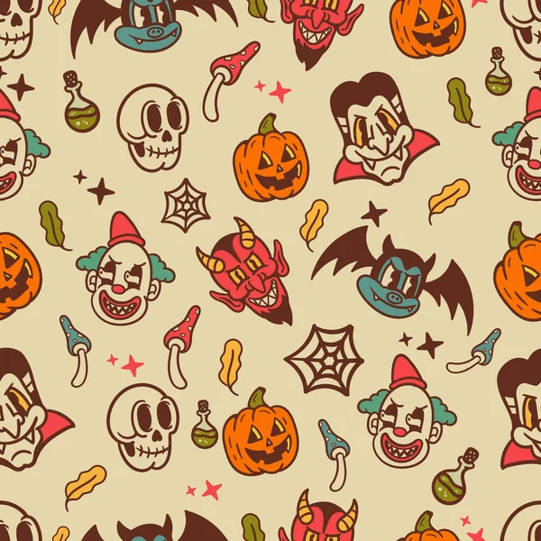 Desenhos Animados Coloridos Halloween Monstros Sem Costura Padrão — Vetor de Stock
