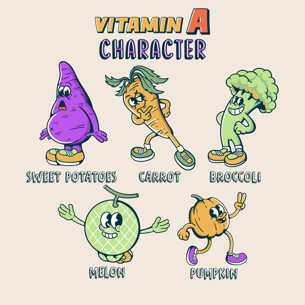 Fruit Vegetable Mascot Cartoon Character Bundle Set Containing Vitamin — Stock Vector