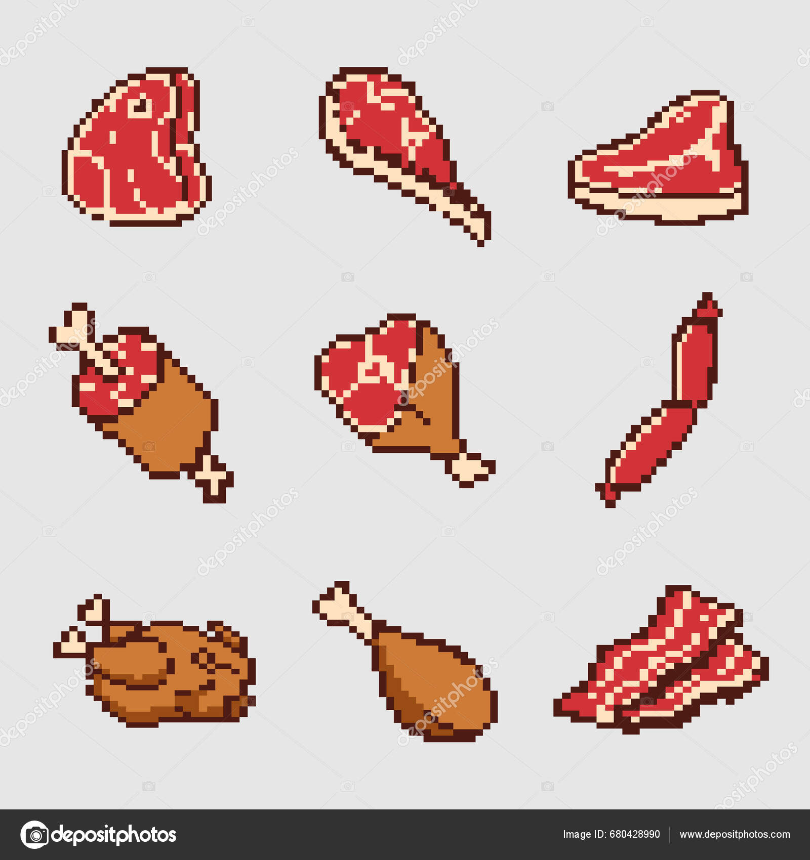 Raw Meat Pixel Art Set Beef Pork Chicken Steak Stock Vector By ...