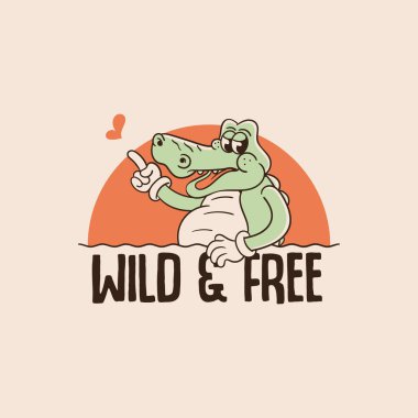 Timsah çizgi film karakterinin alacakaranlıkta rahatlamasının retro illüstrasyonu