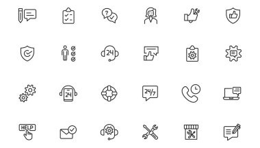 Servis, destek ve yardım - beyaz arkaplan vektör simgesi üzerinde ince çizgi simgesi koleksiyonu. Müşteri hizmetleri ikonu seti. Müşteri memnuniyeti, yardım, deneyim, geri bildirim, operatör ve teknik destek simgeleri içerir. Solid simge koleksiyonu.