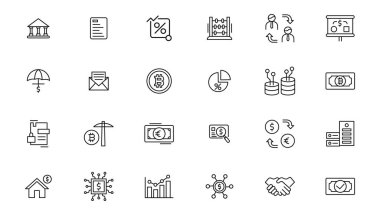 Fintech modern ikonlar. Basit çizgi sanat simgeleri. Fintech basit konsept simgeleri. Finans, teknoloji, engelleme zinciri, yenilik ve daha fazlası gibi ikonlar web için kullanılabilir