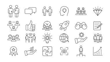Teamwork line icons set. Businessman outline icons collection. Work group and human resources. Business teamwork, human resources, meeting, partnership, meeting, work group, success - stock vector.