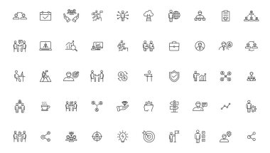 Teamwork line icons set. Businessman outline icons collection. Work group and human resources. Business teamwork, human resources, meeting, partnership, meeting, work group, success - stock vector.