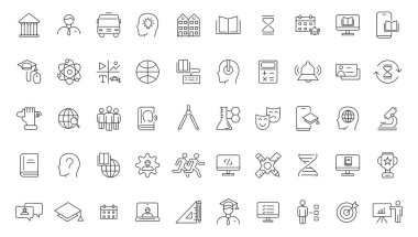 E-öğrenme simgesi seti. Çevrimiçi eğitim ikonu seti. İnce çizgi simgeleri ayarlandı. Mesafe öğrenme. Video harcı, e-öğrenme, çevrimiçi kurs, ses kursu, eğitim web sitesi içeriyor. Vektör illüstrasyonu