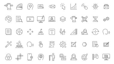 Grafik tasarımının ince çizgi simgeleri. Modern bir düzlükte basit doğrusal simgeler, Yaratıcı Süreç. Grafik tasarımı, yaratıcı paket, durağan, yazılım