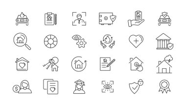 Sigorta elemanları - minimal ince çizgi simgesi seti. Taslak simge koleksiyonu. Basit vektör illüstrasyonu