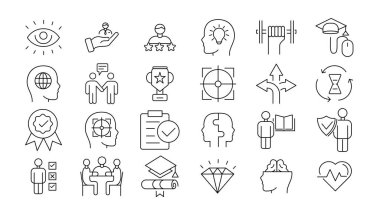 Vector set thin icons related to career progress, coaching, business people training, tutorship and professional consulting service. Mono line pictograms and infographics design element
