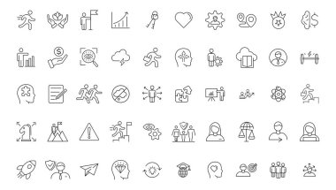 Vector set thin icons related to career progress, coaching, business people training, tutorship and professional consulting service. Mono line pictograms and infographics design element
