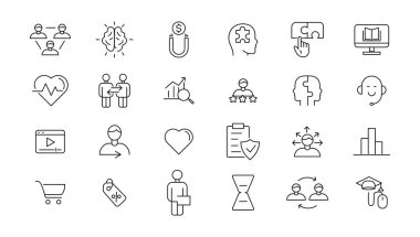 Dijital pazarlama ikonları ayarlandı. İçerik, arama, pazarlama, ekommerce, seo, elektronik aygıtlar, internet, analiz, sosyal ve daha fazla satır simgesi