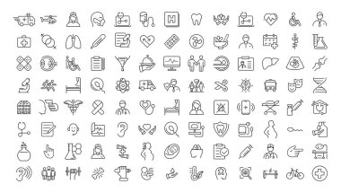 Tıp ve Sağlık Sembolleri - minimal ince çizgi ağ simgesi seti. Taslak simge koleksiyonu. Basit vektör illüstrasyonu