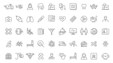 Tıp ve Sağlık Sembolleri - minimal ince çizgi ağ simgesi seti. Taslak simge koleksiyonu. Basit vektör illüstrasyonu