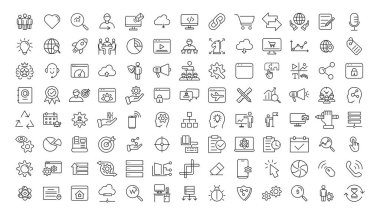 Ana hatlı web simgeleri - Arama Motoru İyimserleştirmesi. İnce çizgi ağ simgesi koleksiyonu. Basit vektör illüstrasyonu