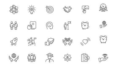 Simge çekirdek değerleri kümesi. Düzenlenebilir vuruşlu vektör görüntüleri. Performans, tutku, çeşitlilik, istisnai, yenilikçi, sorumluluk, kazanma isteği, empati, açık fikirlilik gibi nitelikleri içerir