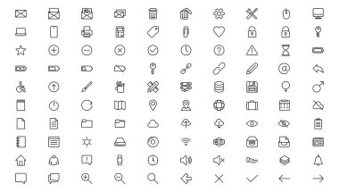 Temel simgeler ayarlandı. İnce çizgi simgeleri koleksiyonu. İş, Medya, Alışveriş, Finans, İletişim, Teknoloji, Ticaret simgesi koleksiyonu