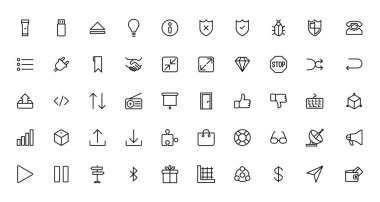 Temel simgeler ayarlandı. İnce çizgi simgeleri koleksiyonu. İş, Medya, Alışveriş, Finans, İletişim, Teknoloji, Ticaret simgesi koleksiyonu