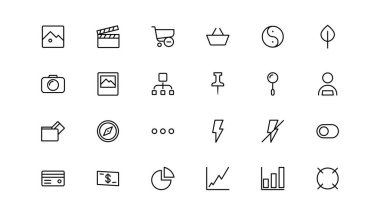 Temel simgeler ayarlandı. İnce çizgi simgeleri koleksiyonu. İş, Medya, Alışveriş, Finans, İletişim, Teknoloji, Ticaret simgesi koleksiyonu