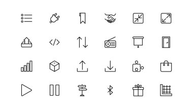 Temel simgeler ayarlandı. İnce çizgi simgeleri koleksiyonu. İş, Medya, Alışveriş, Finans, İletişim, Teknoloji, Ticaret simgesi koleksiyonu