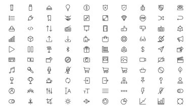 Temel simgeler ayarlandı. İnce çizgi simgeleri koleksiyonu. İş, Medya, Alışveriş, Finans, İletişim, Teknoloji, Ticaret simgesi koleksiyonu