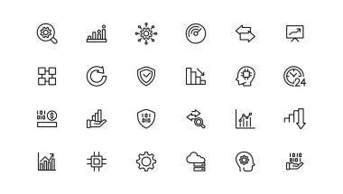 Veri analizi, istatistik, analitik - minimal ince çizgi web simgesi seti. Taslak simge koleksiyonu