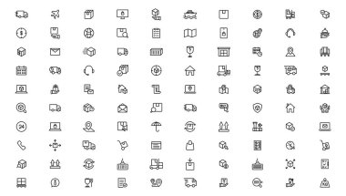 Teslimat çizgisi simgeleri ayarlandı. Nakliye ikonu koleksiyonu. Vecto