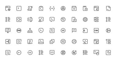 Geliştirici simgesi seti. Simgeleri kod, programcı kodlaması, mobil uygulama, api, düğüm bağlantısı, akış, mantık, web kodlayıcı, hata düzeltmesi olarak dahil etti