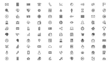 İş ikonları. İş ve Finans web simgeleri aynı hizada. Para, banka, bağlantı, bilgi. Simge koleksiyonu