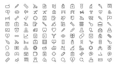 Tıp ve Sağlık Sembolleri - minimal ince çizgi ağ simgesi seti. Taslak simge koleksiyonu. Basit vektör çizimi