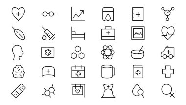 Tıp ve Sağlık Sembolleri - minimal ince çizgi ağ simgesi seti. Taslak simge koleksiyonu. Basit vektör çizimi