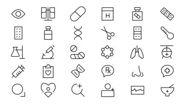 Tıp ve Sağlık Sembolleri - minimal ince çizgi ağ simgesi seti. Taslak simge koleksiyonu. Basit vektör çizimi