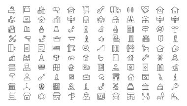 Gayrimenkul, çok küçük bir ağ simgesi seti. Simgeler arasında emlak, mülk, ipotek, ev kredisi ve daha fazlası vardı. Taslak simge koleksiyonu