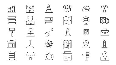 Gayrimenkul, çok küçük bir ağ simgesi seti. Simgeler arasında emlak, mülk, ipotek, ev kredisi ve daha fazlası vardı. Taslak simge koleksiyonu