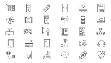 İnternet bilgisayar satırı simgesi seti. İletişim simgeleri için web sitesi simgesi. Bilgisayar, ağ, web sitesi, sunucu, web tasarımı, donanım, yazılım ve daha fazlası. Web sitesi simge vektörü