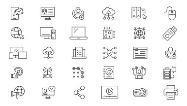 İnternet bilgisayar satırı simgesi seti. İletişim simgeleri için web sitesi simgesi. Bilgisayar, ağ, web sitesi, sunucu, web tasarımı, donanım, yazılım ve daha fazlası. Web sitesi simge vektörü